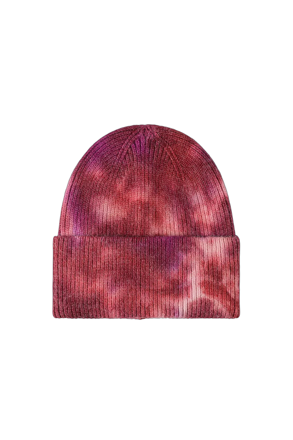Cuffed rib-knit beanie in wine tie-dye with folded cuff and visible vertical rib texture