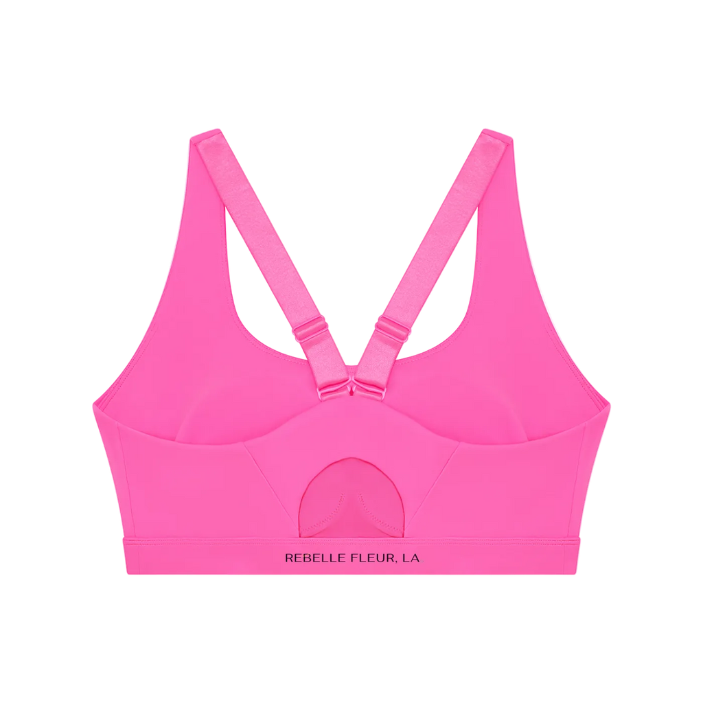 V-back sports bra with adjustable straps, center back cutout and wide branded elastic band reading REBELLE FLEUR, LA