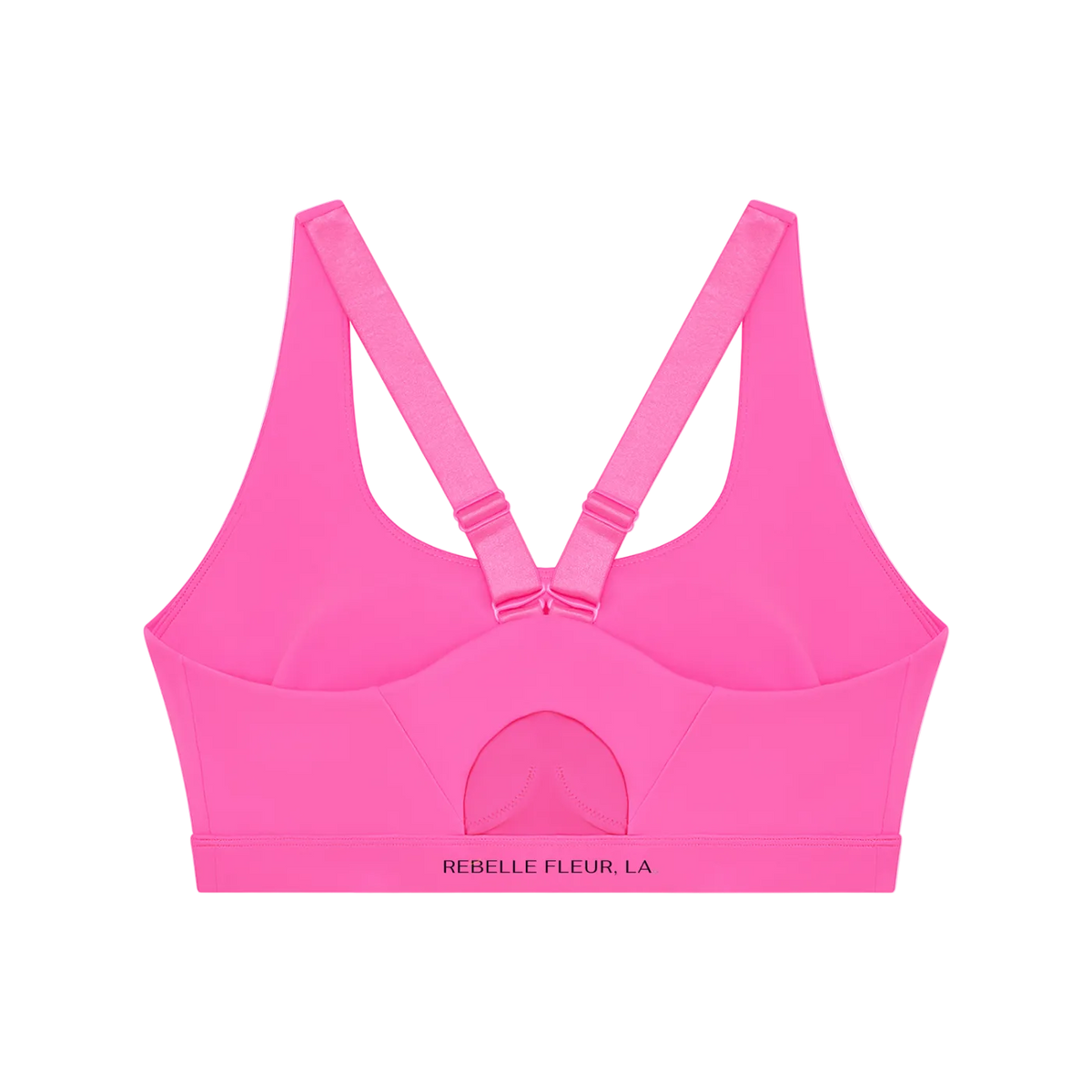 V-back sports bra with adjustable straps, center back cutout and wide branded elastic band reading REBELLE FLEUR, LA