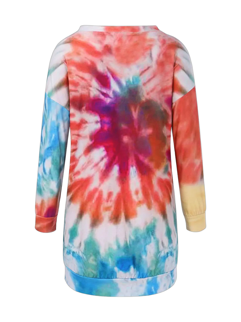 Back view of long-sleeve round-neck dress with multicolor tie-dye burst pattern, cuffed sleeves and banded hem