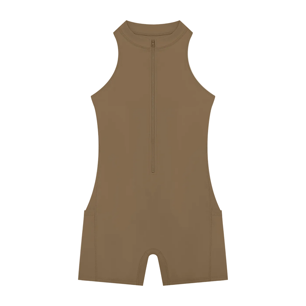 Tan sleeveless high-neck romper with center quarter zipper, short legs, side pockets and topstitching