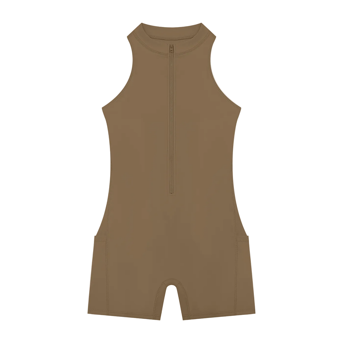 Tan sleeveless high-neck romper with center quarter zipper, short legs, side pockets and topstitching