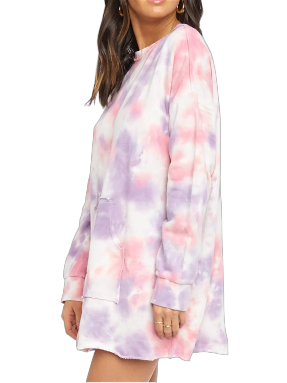 Blush-pink and lavender tie-dye long-sleeve dress with round neckline and front pocket