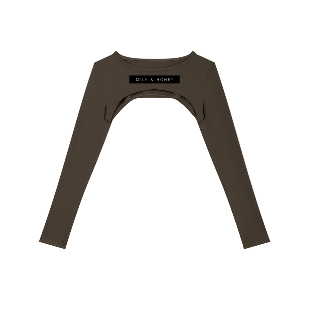 Brown cropped long-sleeve shrug with curved underbust cutout and MILK & HONEY label across chest