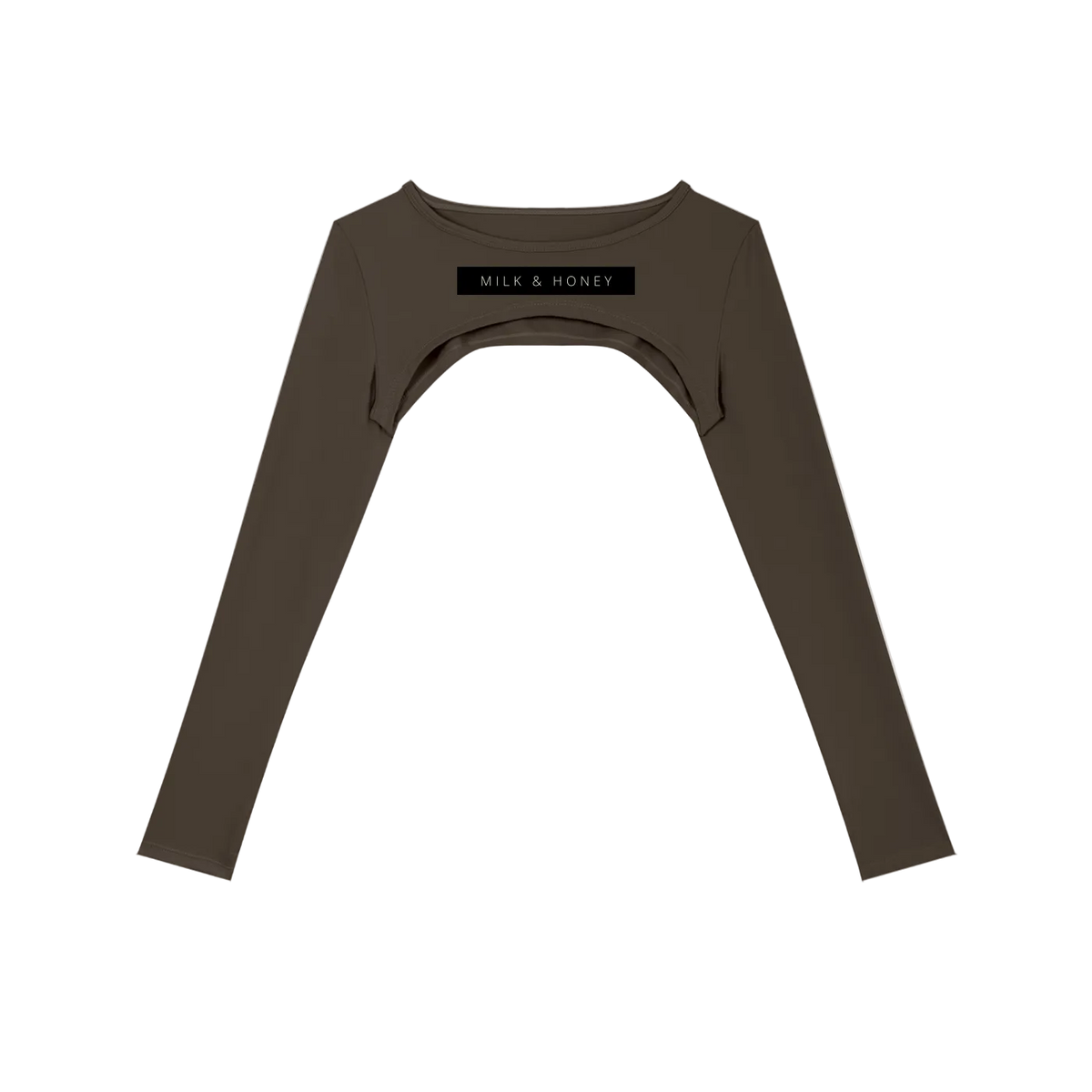 Brown cropped long-sleeve shrug with curved underbust cutout and MILK & HONEY label across chest