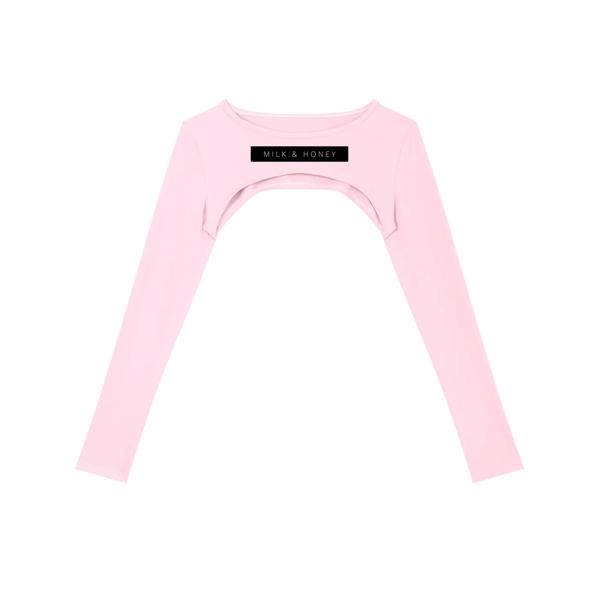 Pale pink long-sleeve cropped shrug with chest cutout and black 'MILK & HONEY' label