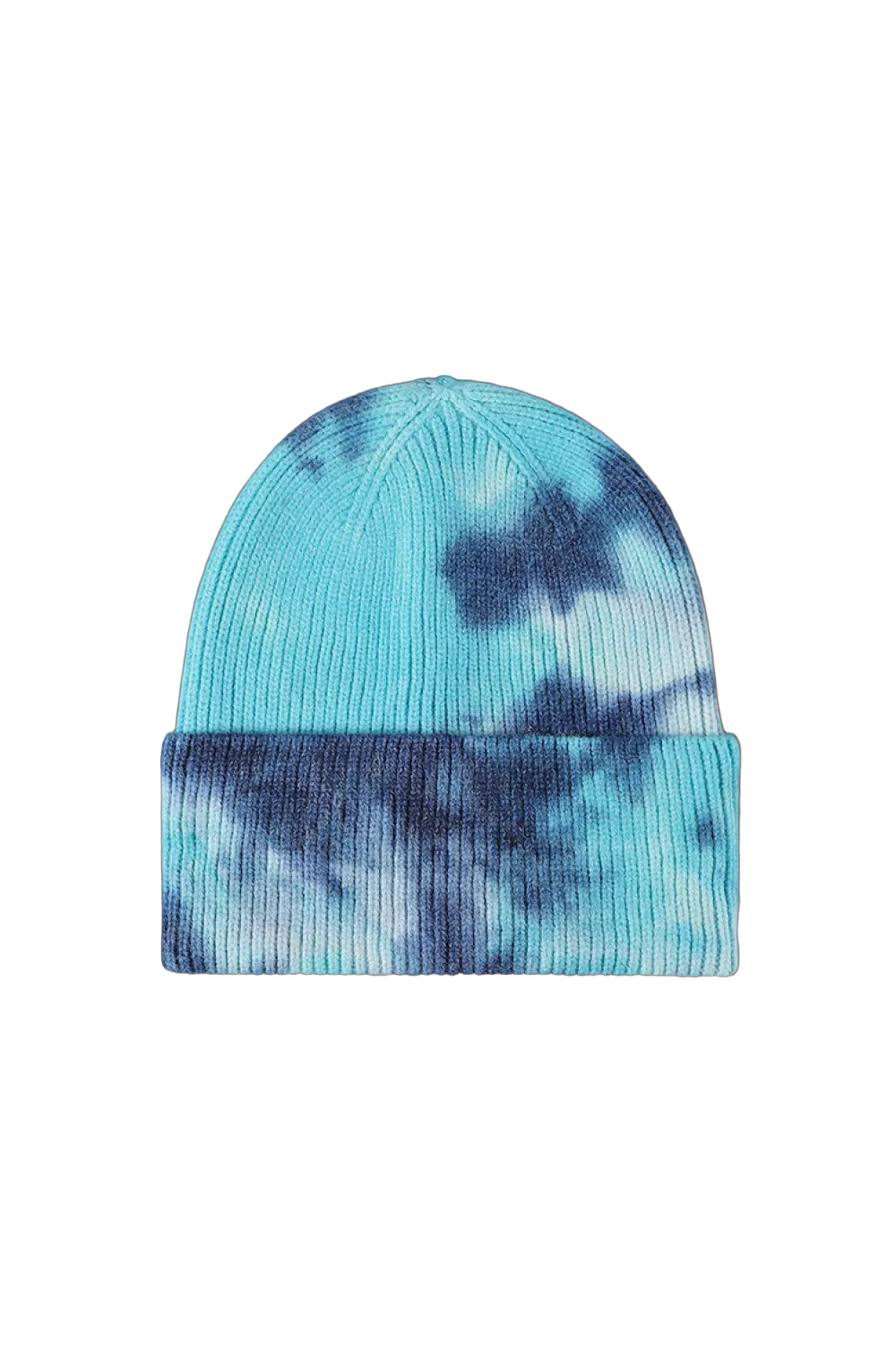 Ribbed cuffed tie-dye beanie in aqua and navy with vertical rib knit, flat-laid on black background.