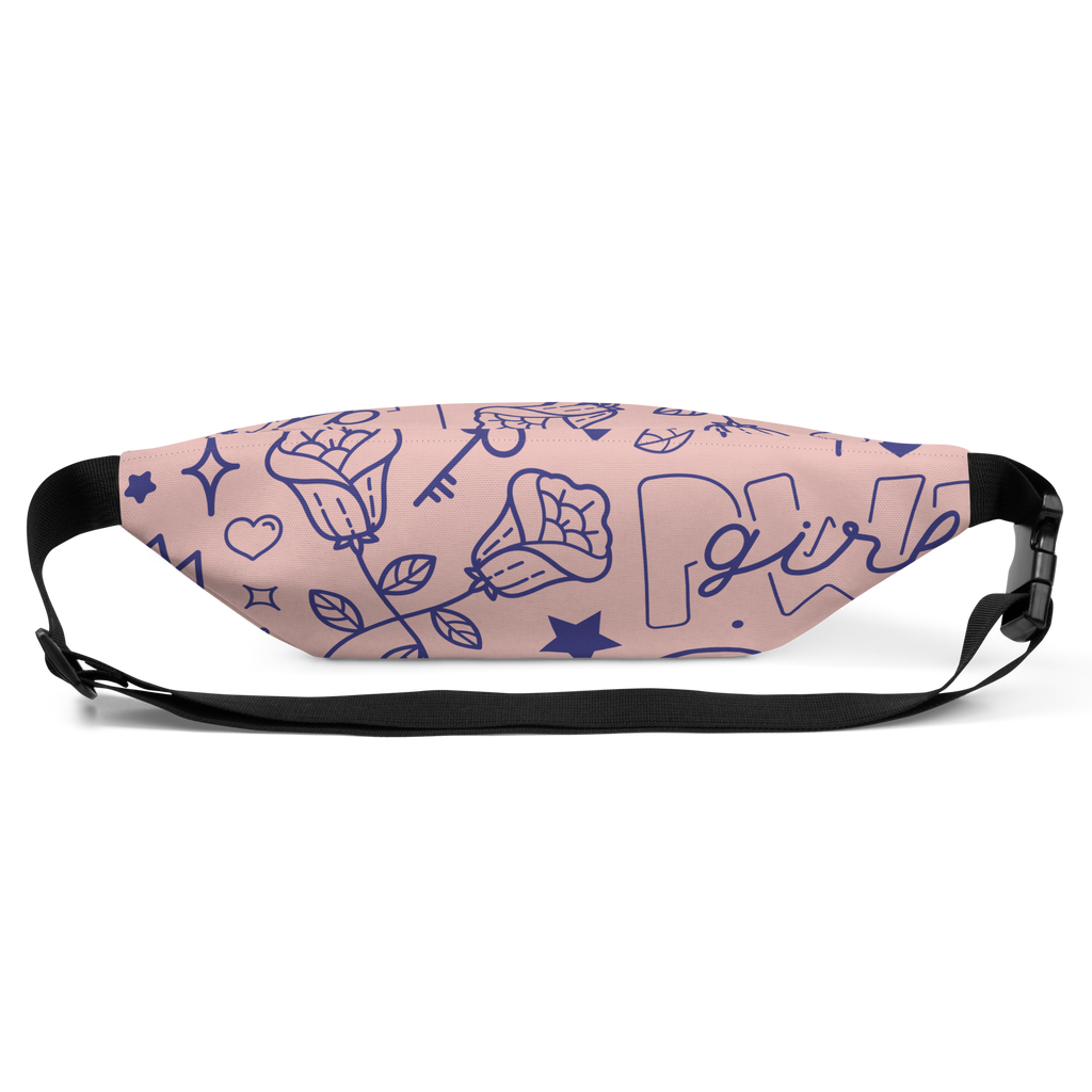 Pink waist bag with purple floral, heart and key doodle pattern, black adjustable strap and plastic buckle