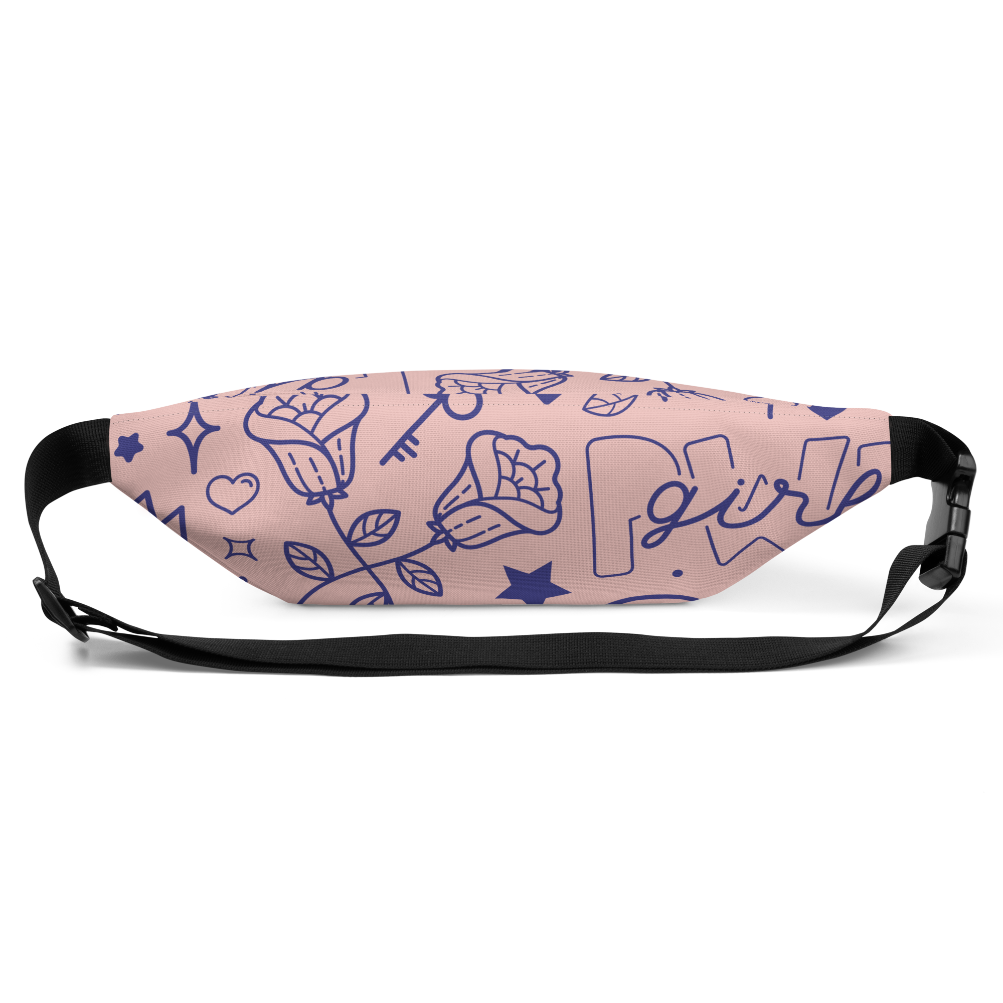 Pink waist bag with purple floral, heart and key doodle pattern, black adjustable strap and plastic buckle