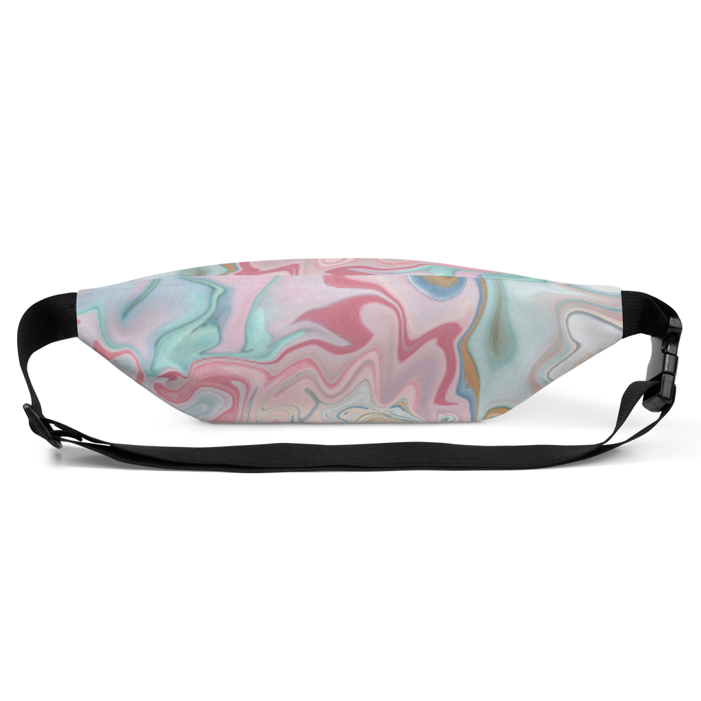 Pastel marble swirl fanny pack front panel with black adjustable straps and plastic buckle