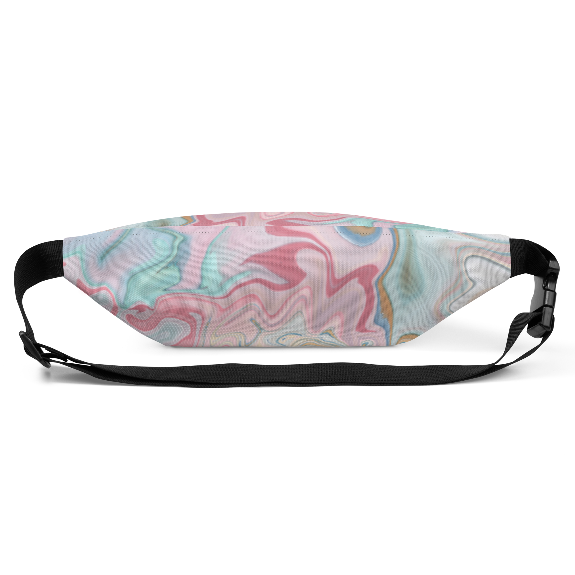 Pastel marble swirl fanny pack front panel with black adjustable straps and plastic buckle