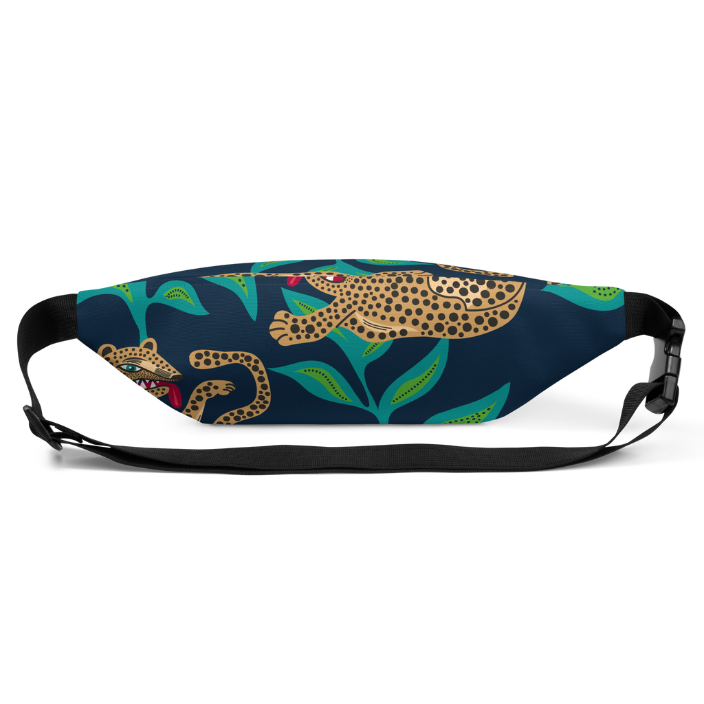 Fanny pack front with spotted leopard and teal leaves on dark background, black strap and plastic buckle