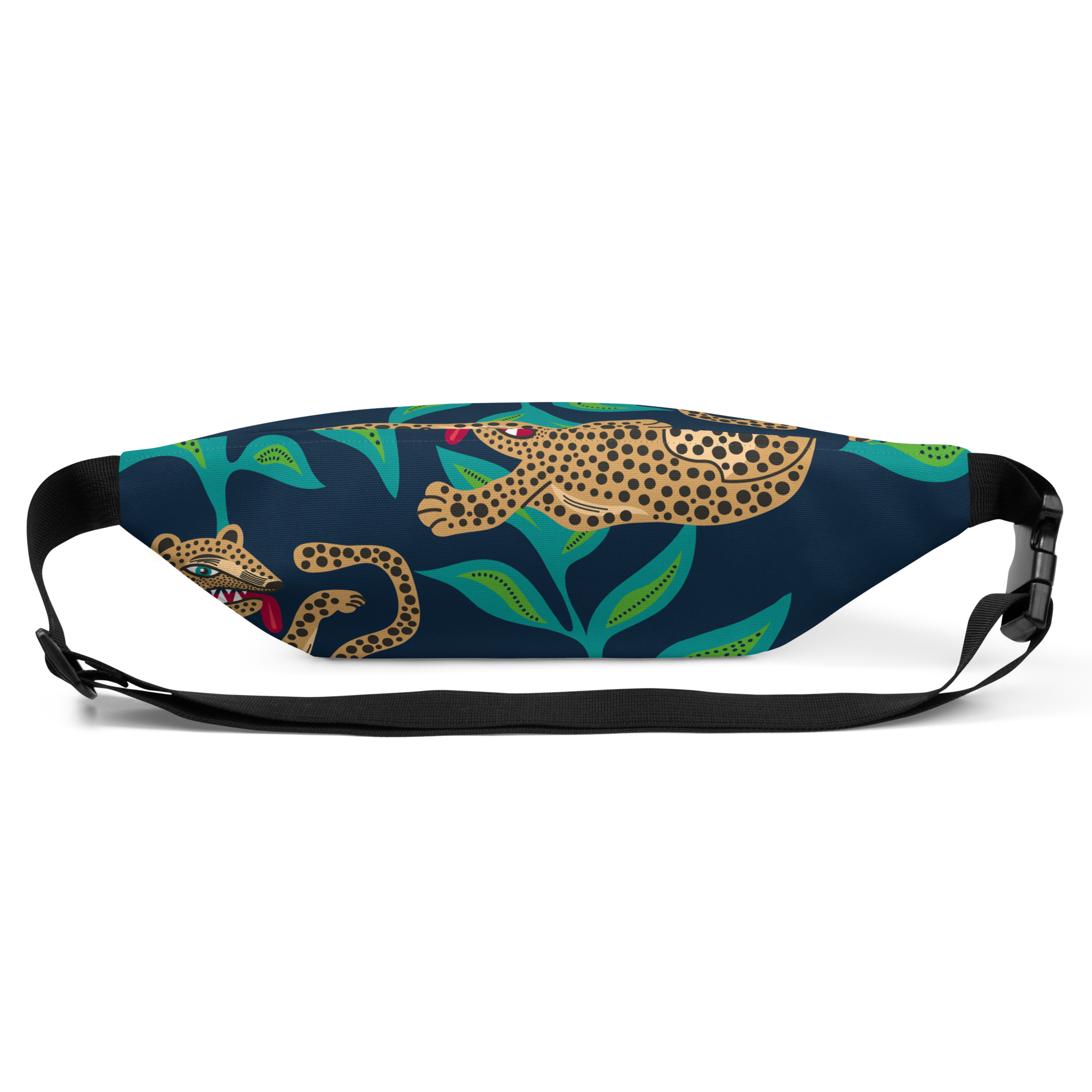 Fanny pack front with spotted leopard and teal leaves on dark background, black strap and plastic buckle