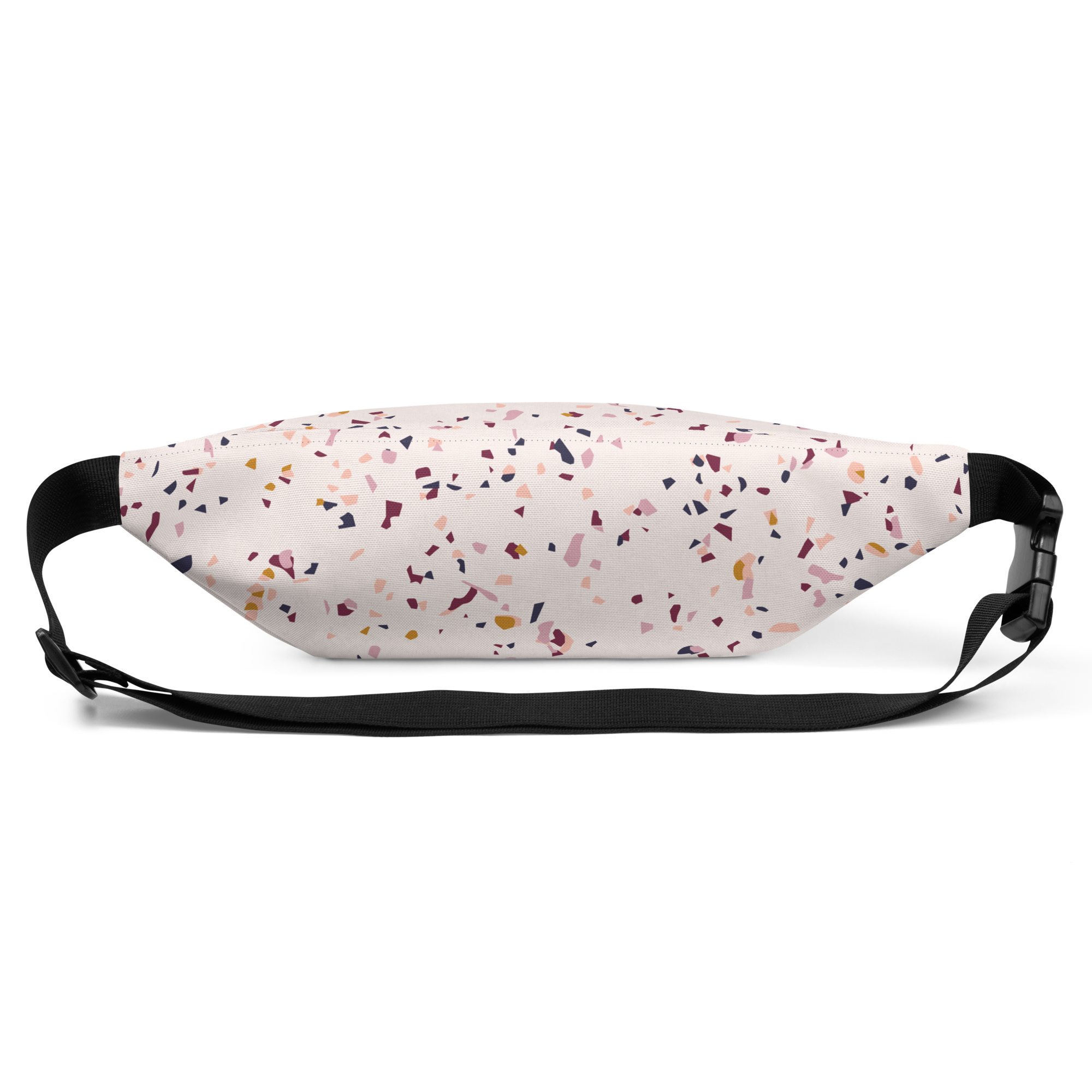 Fanny pack with pale background and scattered multicolor confetti print, black adjustable straps and buckle