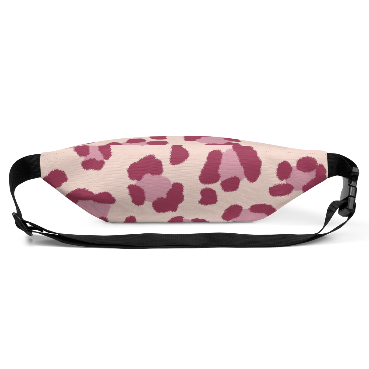 Waist bag with irregular dark and light pink leopard spots on textured fabric, black adjustable strap and plastic buckle.