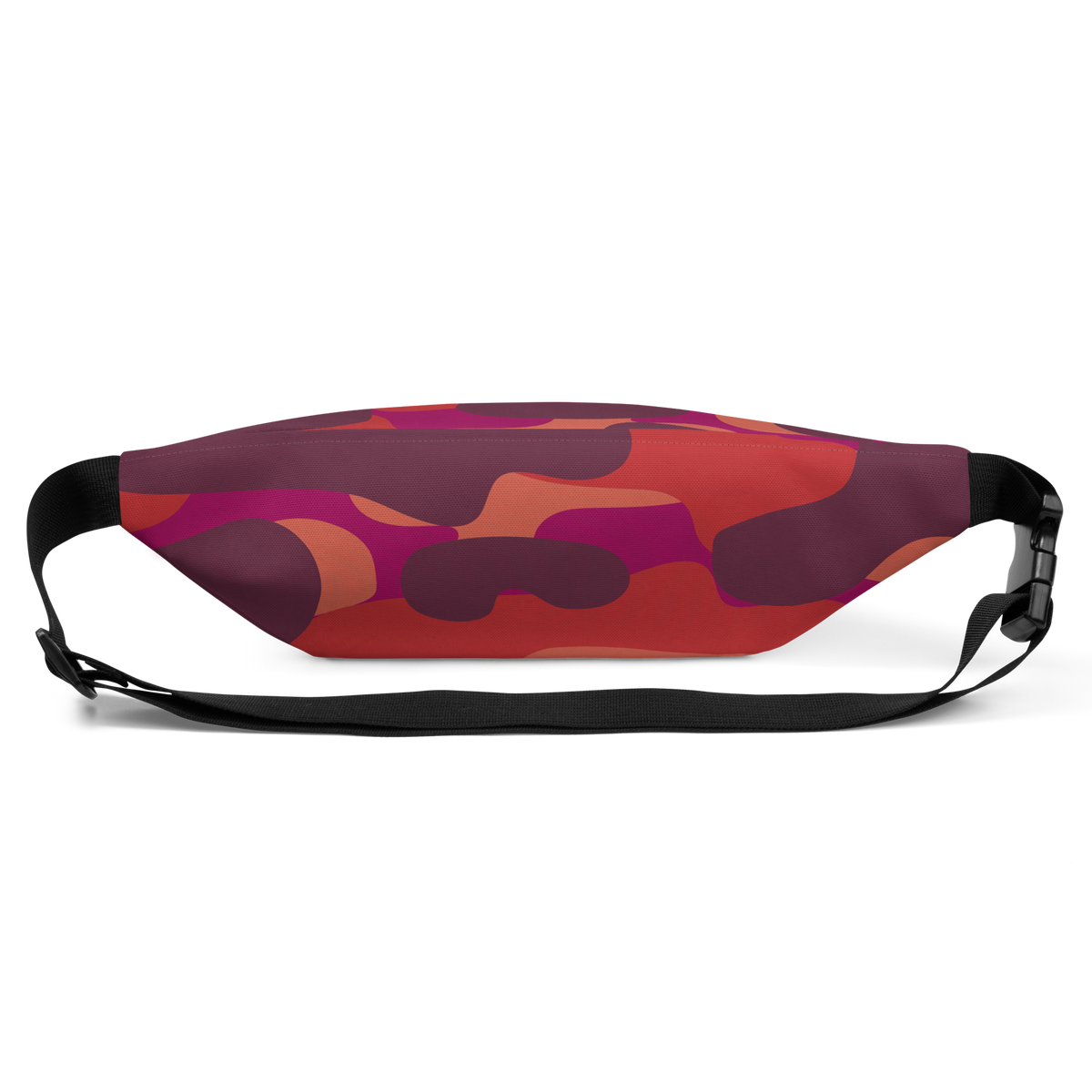 Curved waist bag with abstract red, pink and orange camo-like pattern, black adjustable straps and side-release buckle