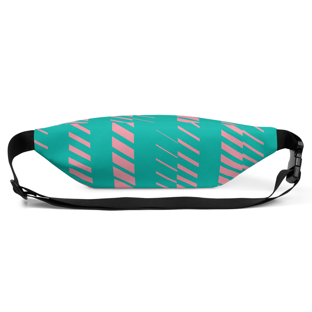Turquoise waist bag with pink diagonal stripe pattern, black adjustable strap and plastic side-release buckle