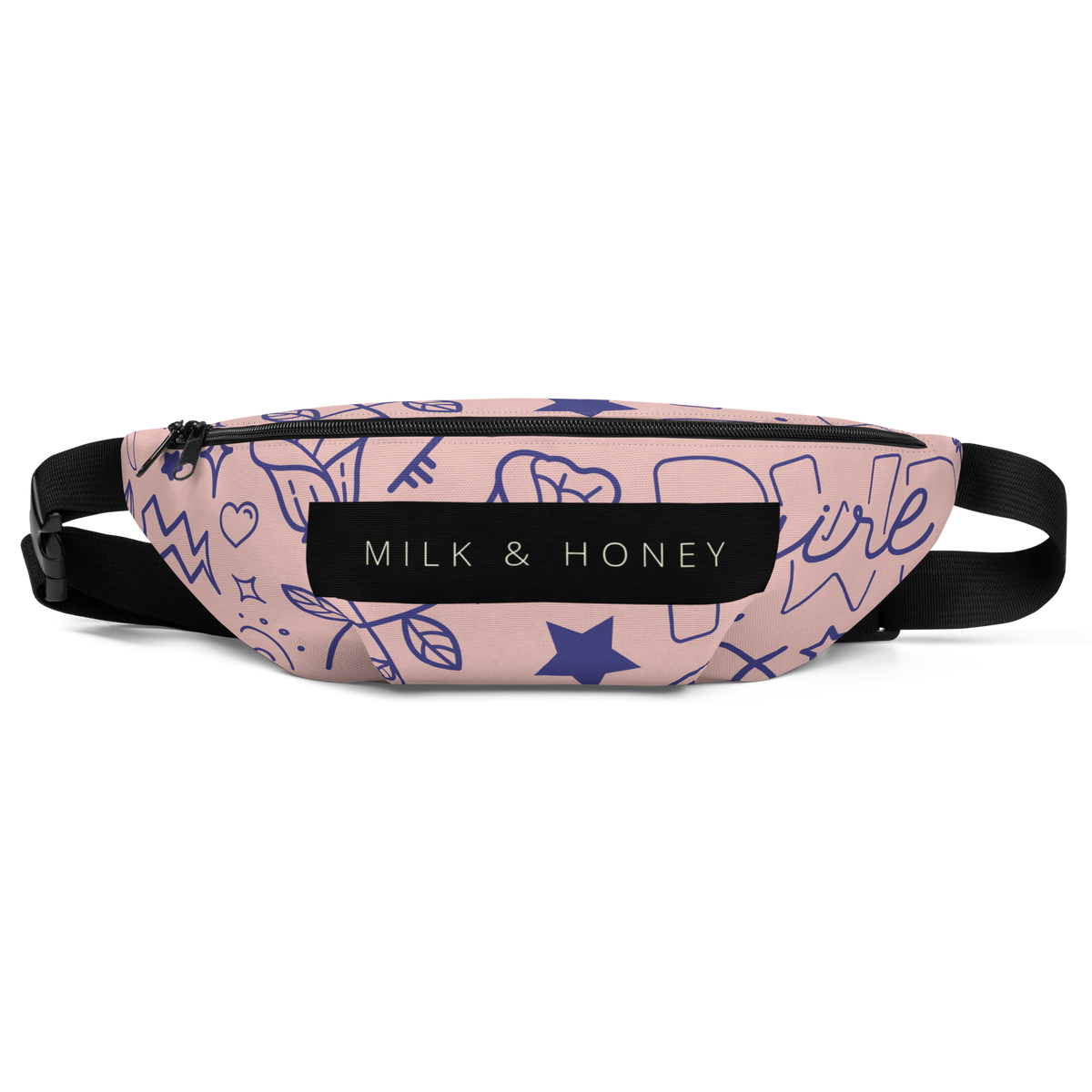 Top view of a pink fabric fanny pack with blue doodle pattern, black "MILK & HONEY" label, zipper and black adjustable strap