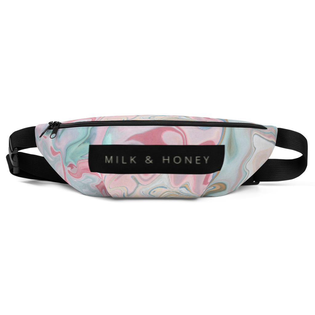 Pastel marble-pattern fanny pack top with black zipper (two sliders), black 'MILK & HONEY' label and black strap buckle