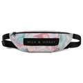 Pastel marble-pattern fanny pack top with black zipper (two sliders), black 'MILK & HONEY' label and black strap buckle