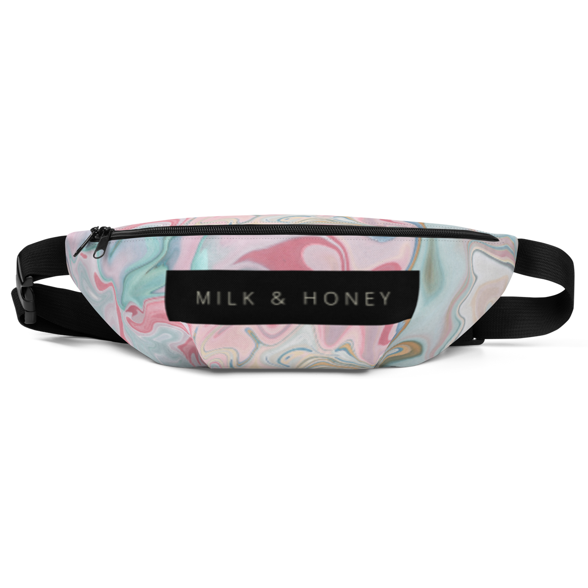 Pastel marble-pattern fanny pack top with black zipper (two sliders), black 'MILK & HONEY' label and black strap buckle