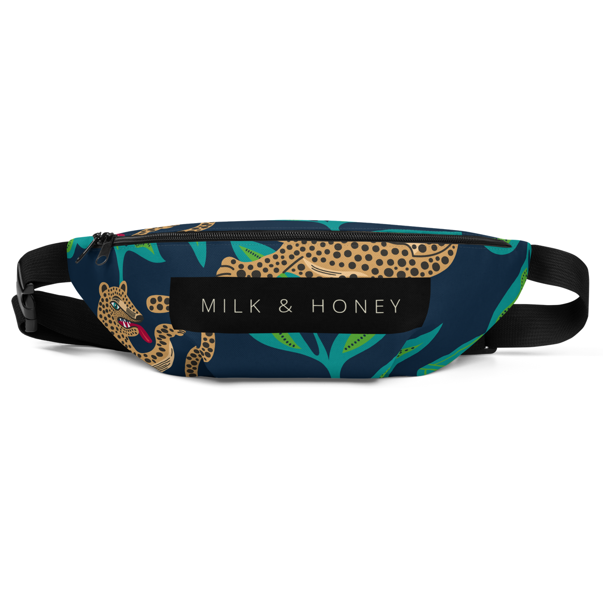 Waist bag top with zipper, black strap, MILK & HONEY label and leopard-and-leaf print