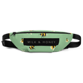 Mint-green waist bag with bee pattern, black zipper, 'MILK & HONEY' label and adjustable black strap