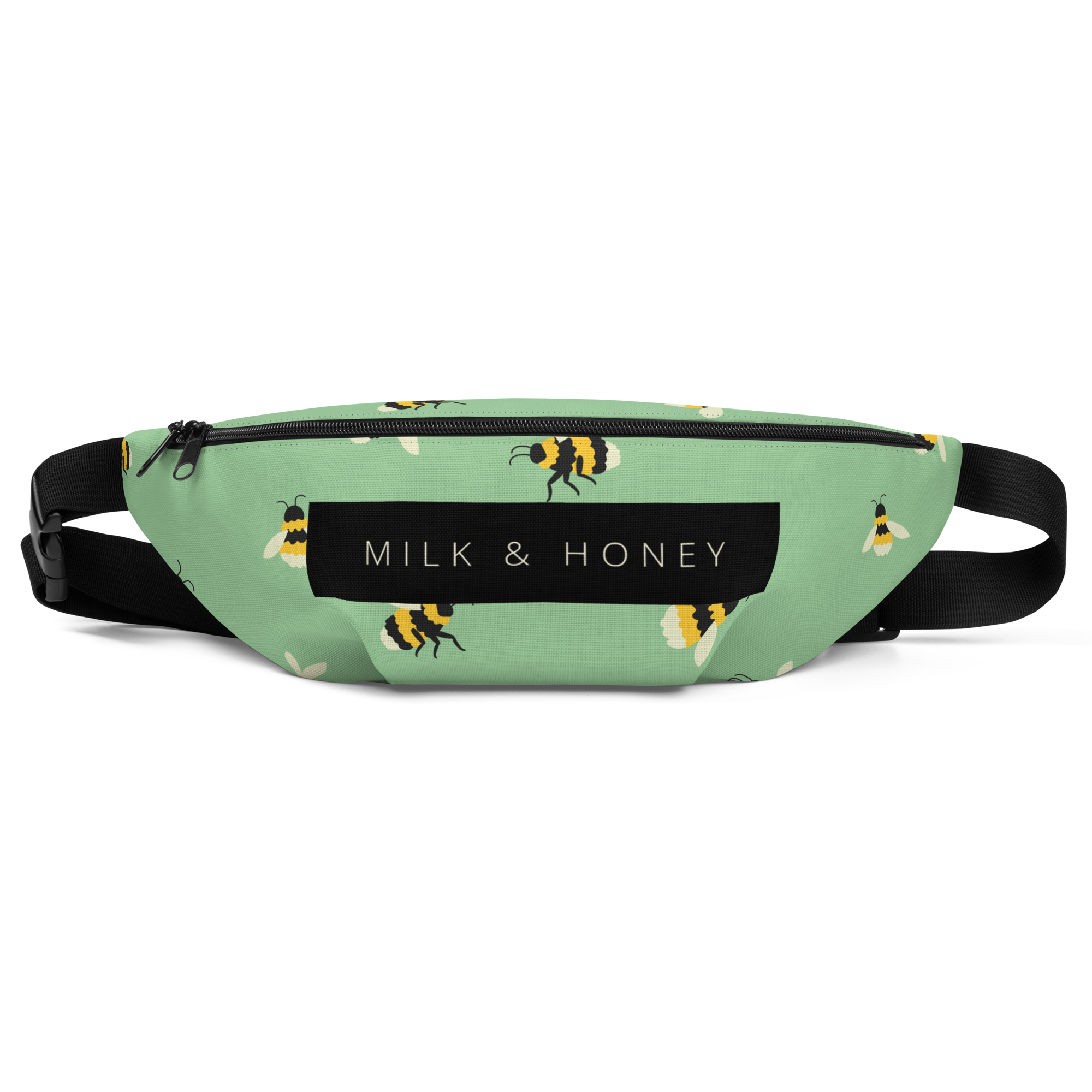 Mint-green waist bag with bee pattern, black zipper, 'MILK & HONEY' label and adjustable black strap