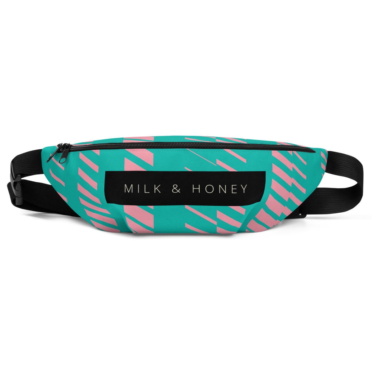 Turquoise waist bag with pink diagonal pattern, black zipper and strap, rectangular 'MILK & HONEY' label.