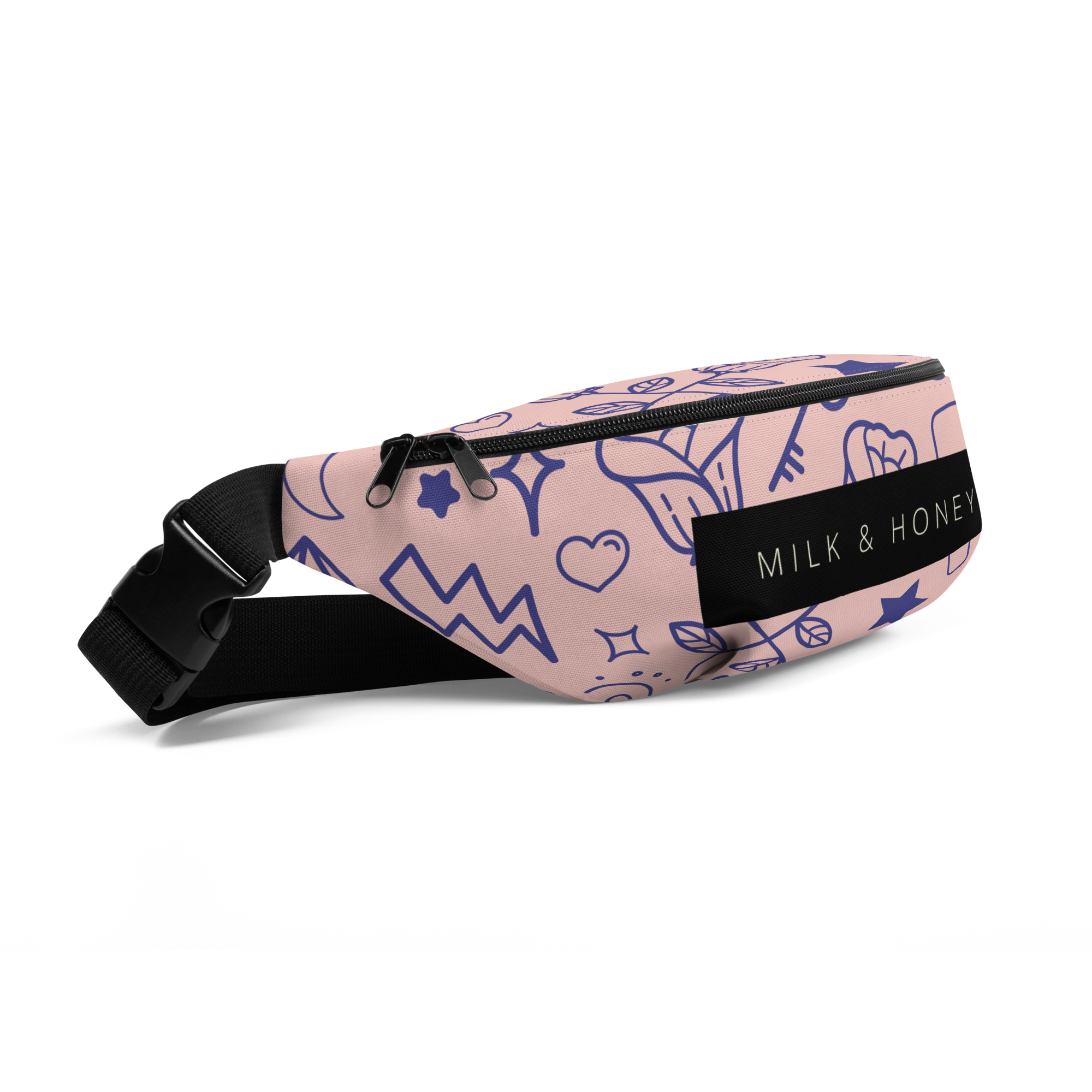 Pink waist bag with blue floral and shape doodles, black dual-zipper, adjustable black strap and plastic buckle