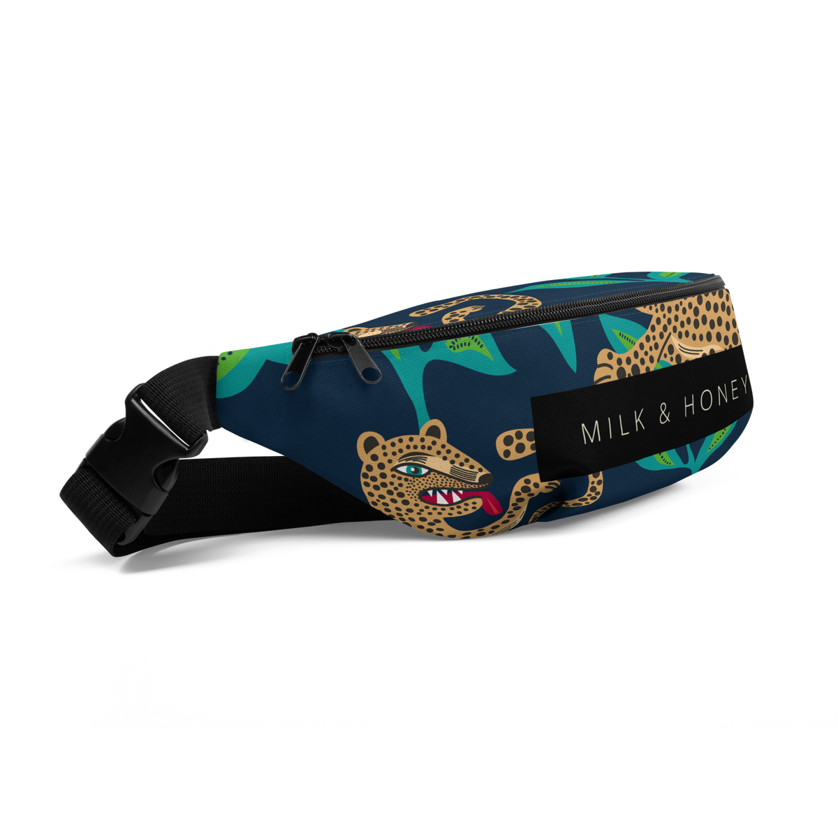 Zippered waist bag with stylized leopard head and green leaf print, dual metal zipper pulls and black adjustable strap