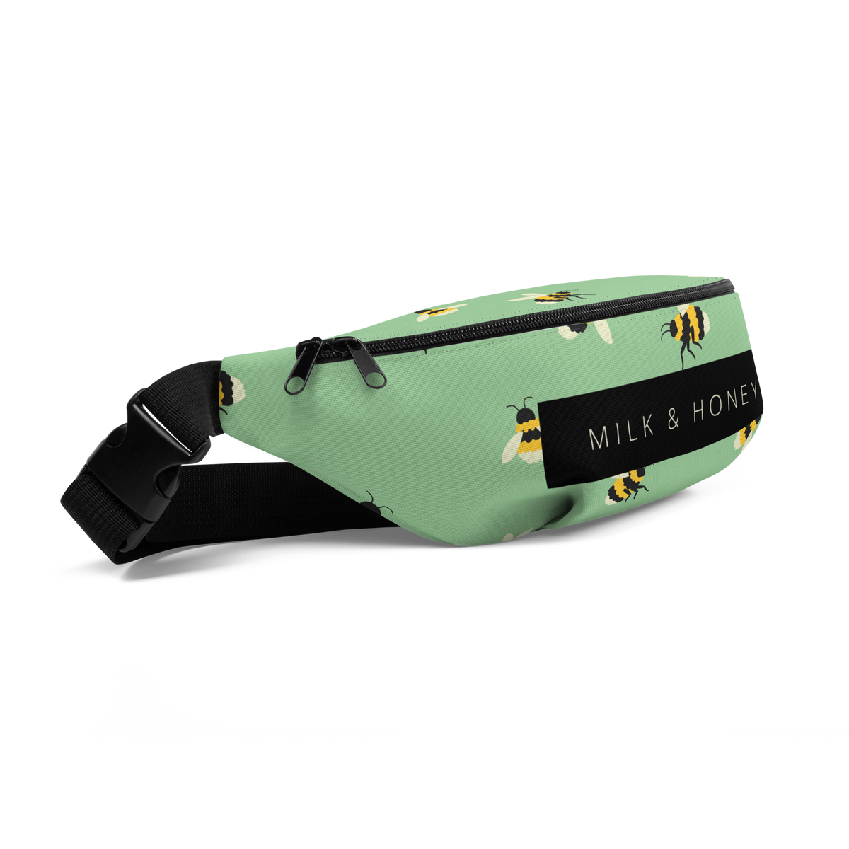 Mint green waist bag with bee print, black zipper with dual sliders, black strap and plastic buckle, MILK & HONEY label