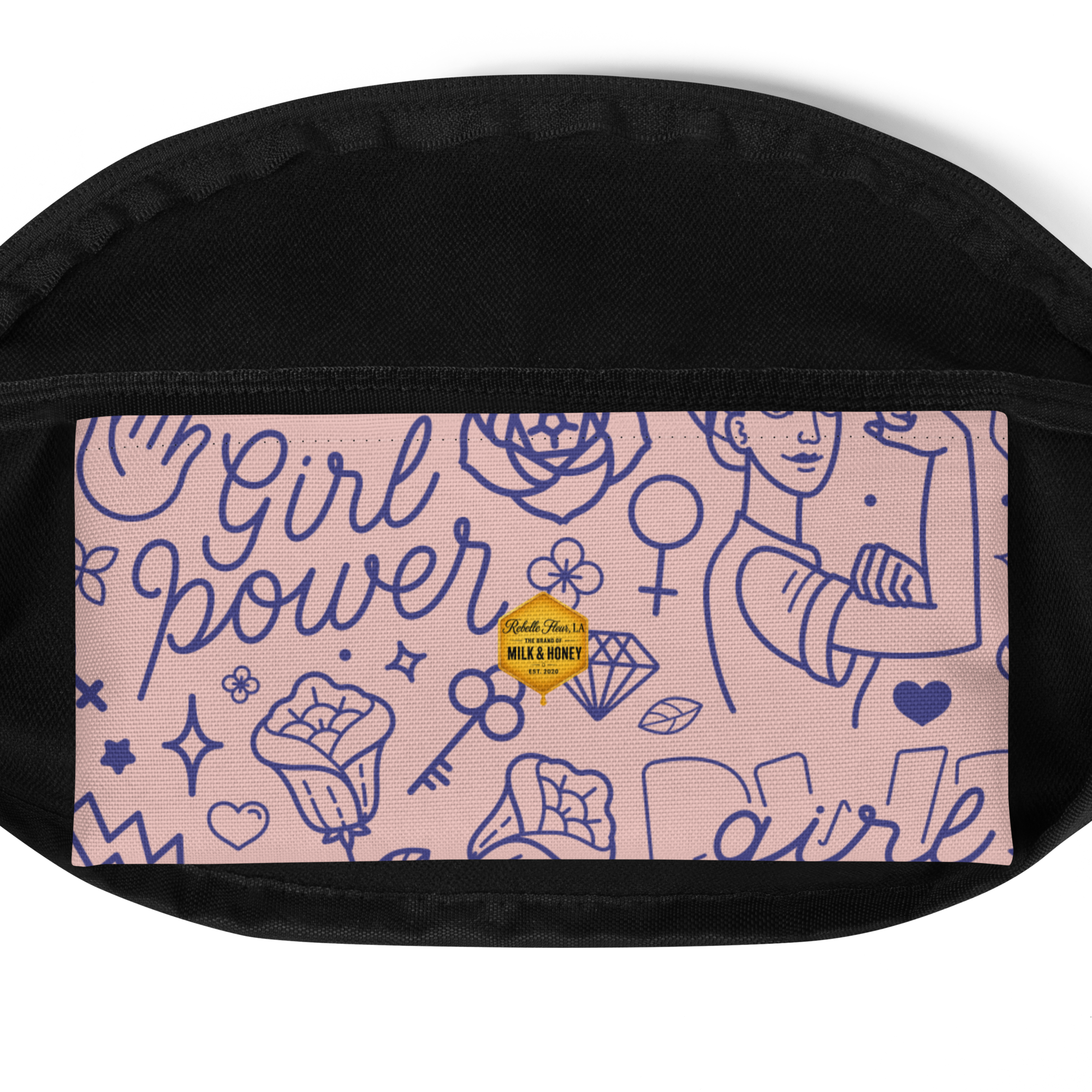 Black textured fanny pack edges with pink front panel showing blue line-drawn Girl Power doodles and a small gold hexagon…