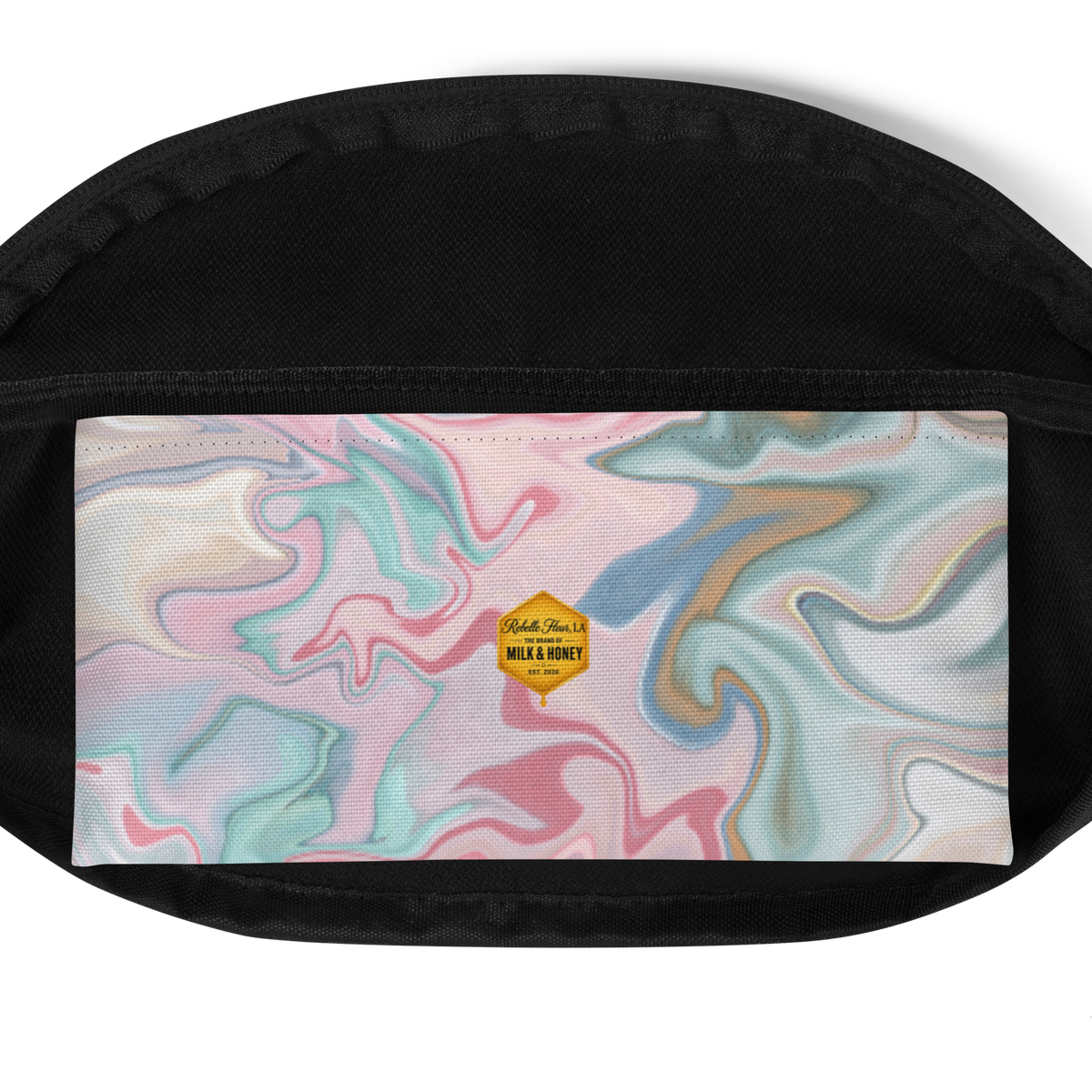 Black interior rim, pastel marble-print front panel, small yellow hexagon label reading 'Milk & Honey'