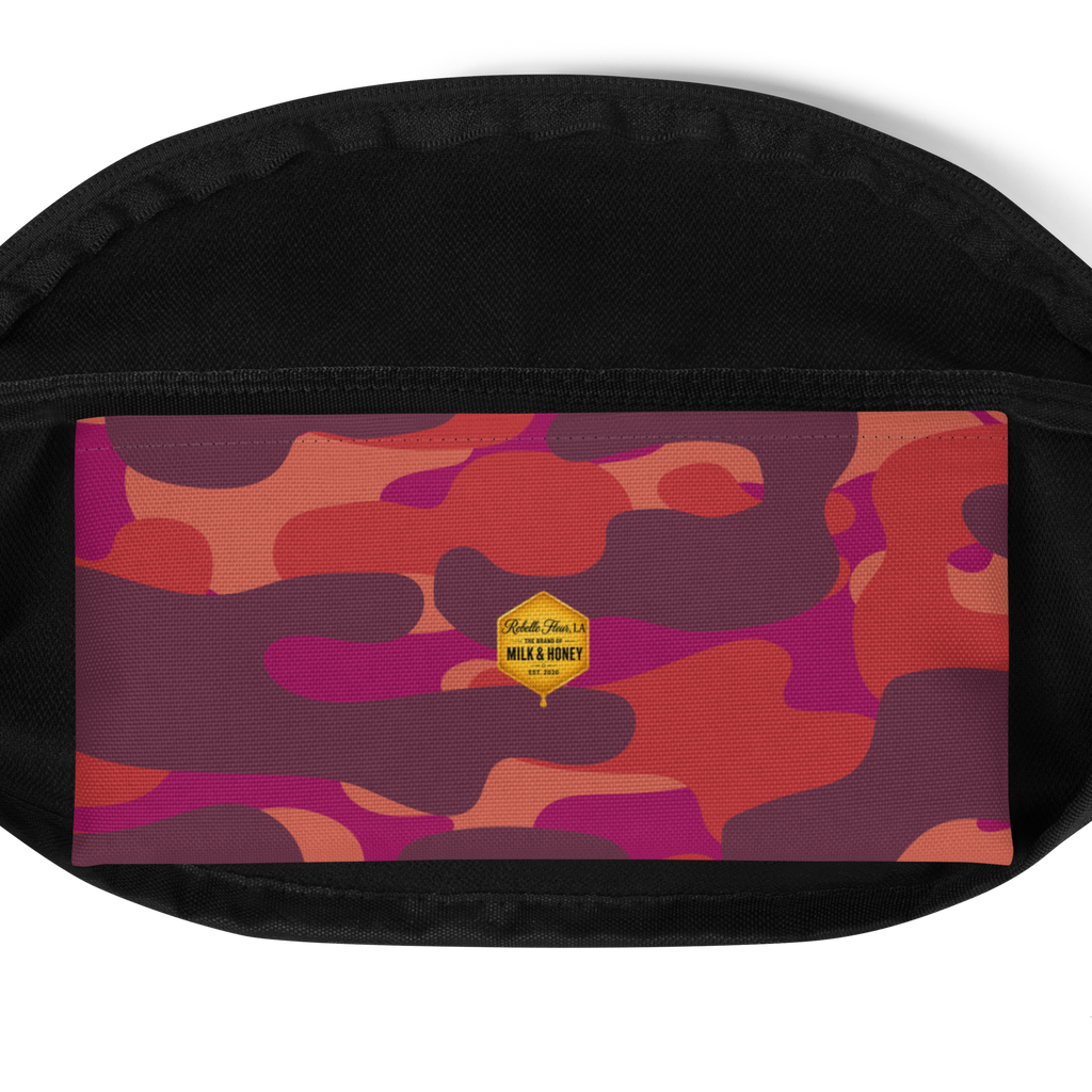 Black fabric border with bright pink, purple and orange abstract front panel and small yellow hexagon logo