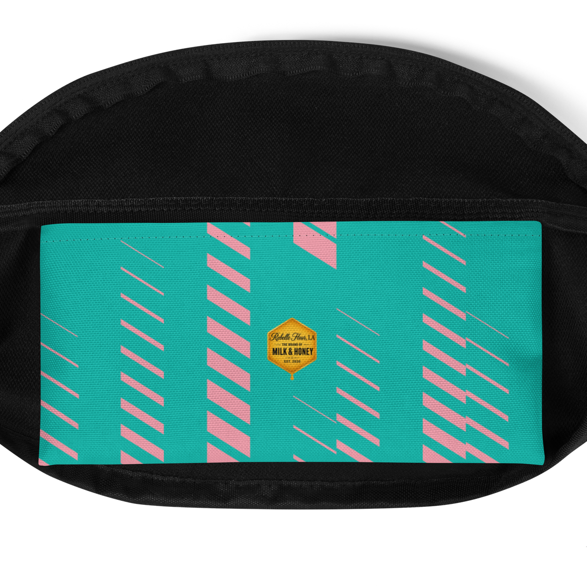 Turquoise front panel with pink diagonal stripes and small yellow hexagon 'Milk & Honey' logo, visible black inner lining…
