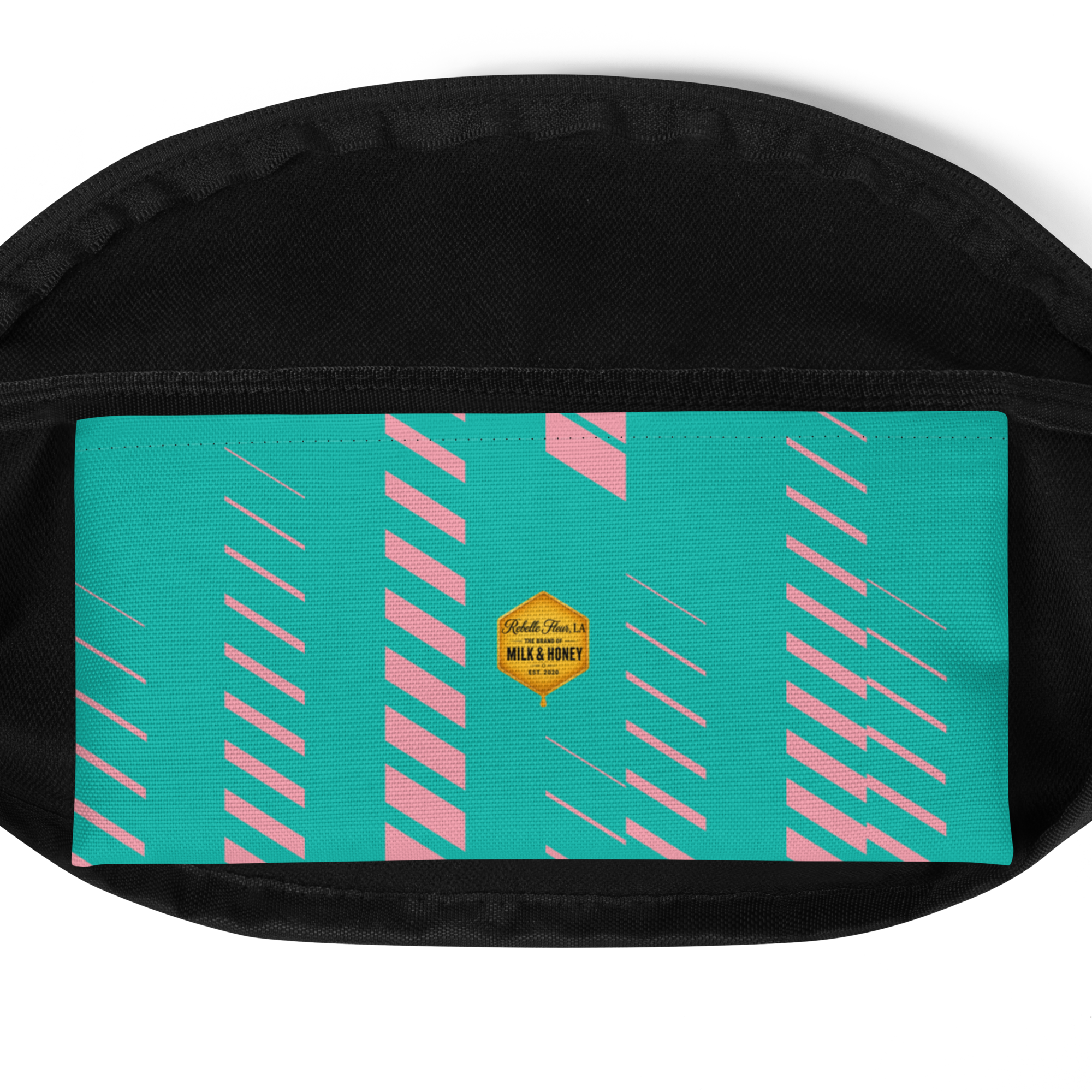 Black stitched top edge with turquoise front panel, pink diagonal stripes and a small yellow hexagon logo