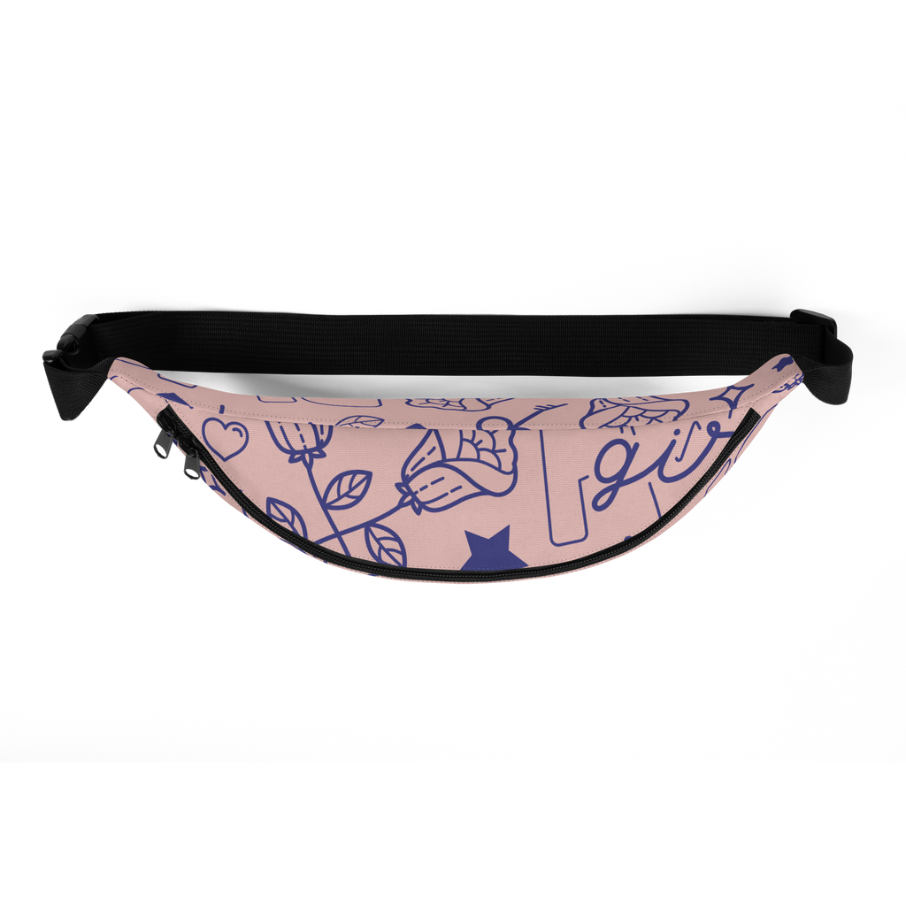 Pink fabric waist bag with blue line-drawn floral and heart motifs, black adjustable strap, visible zipper and buckle