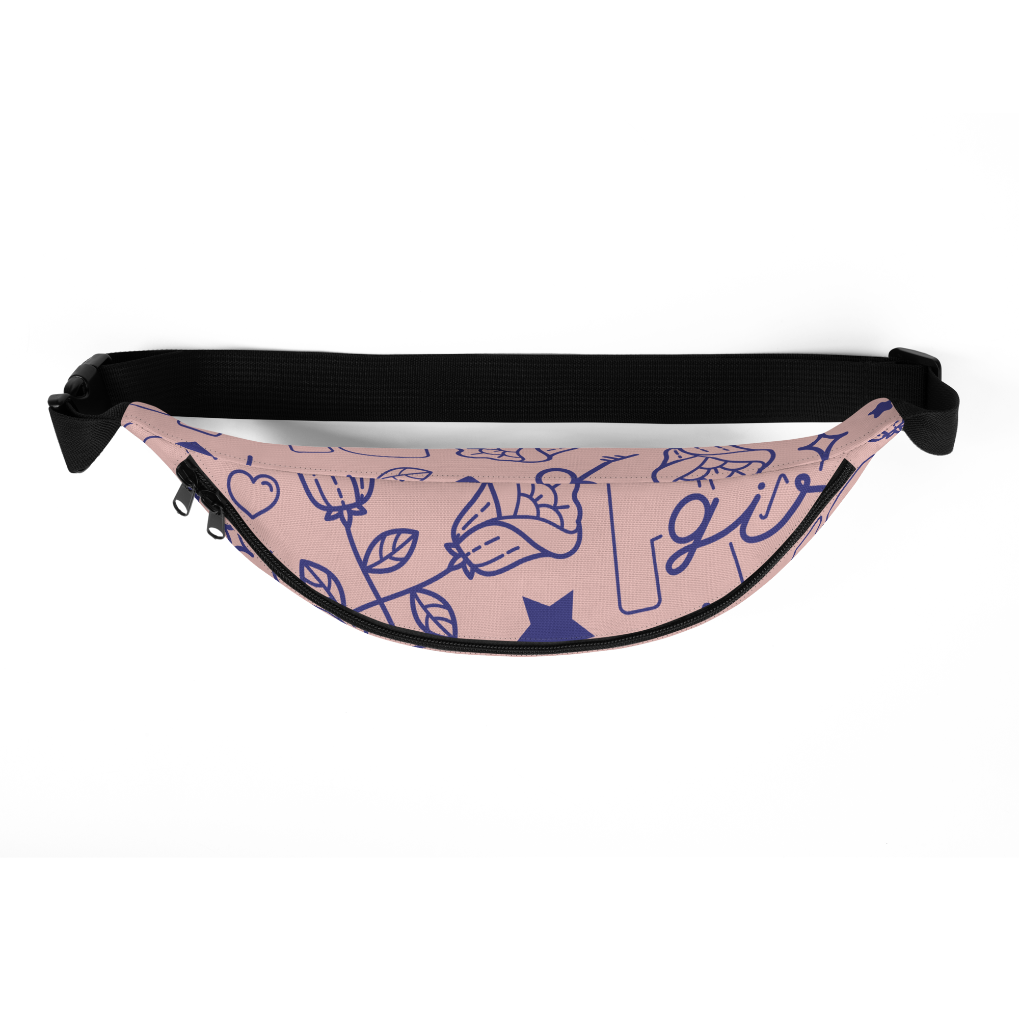 Pink fabric waist bag with blue line-drawn floral and heart motifs, black adjustable strap, visible zipper and buckle