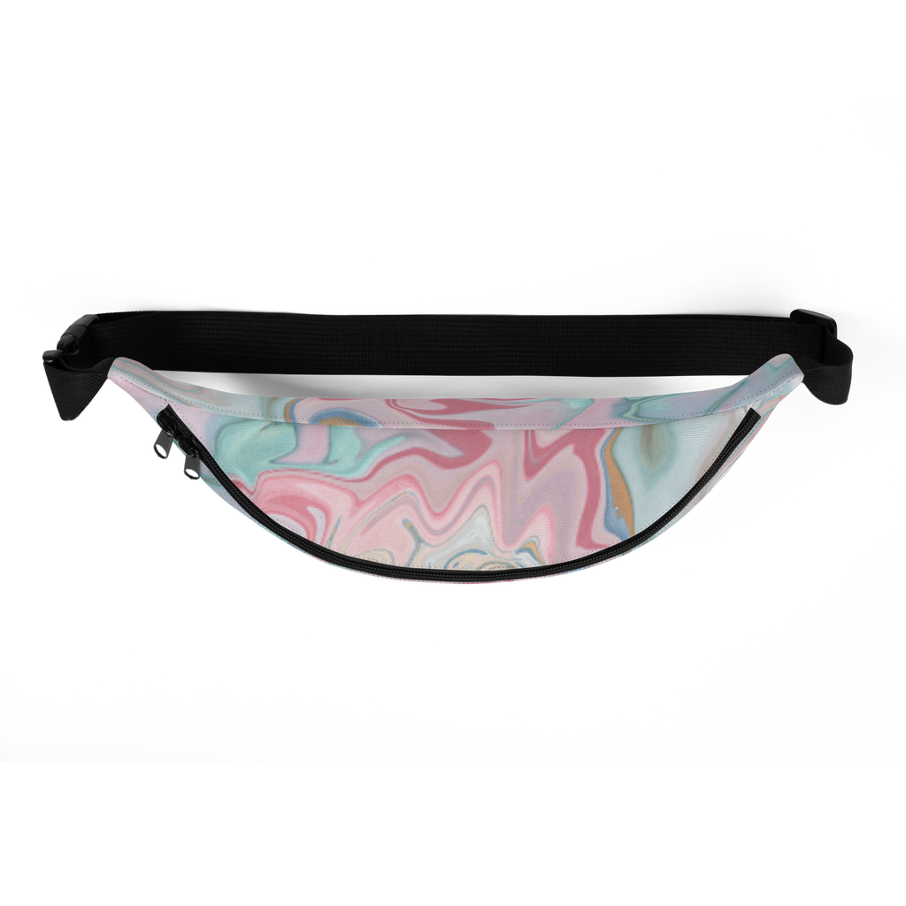 Black adjustable waist strap and buckle above pastel marbled fanny pack front with visible top zipper