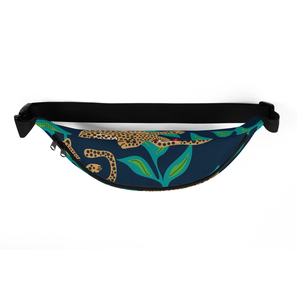 Black adjustable waist strap and curved navy pouch showing a spotted leopard and green leaf print with zipper sliders