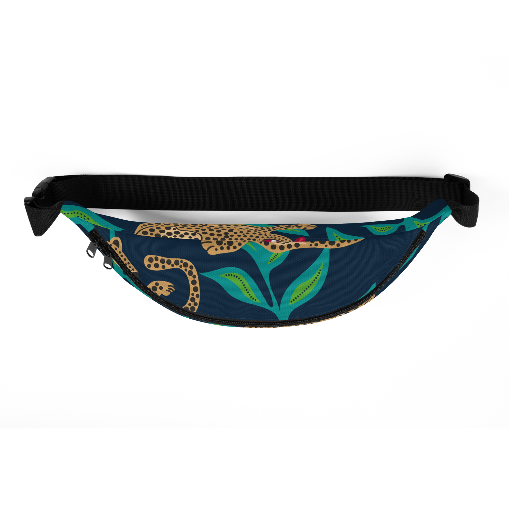 Black adjustable waist strap and curved navy pouch showing a spotted leopard and green leaf print with zipper sliders