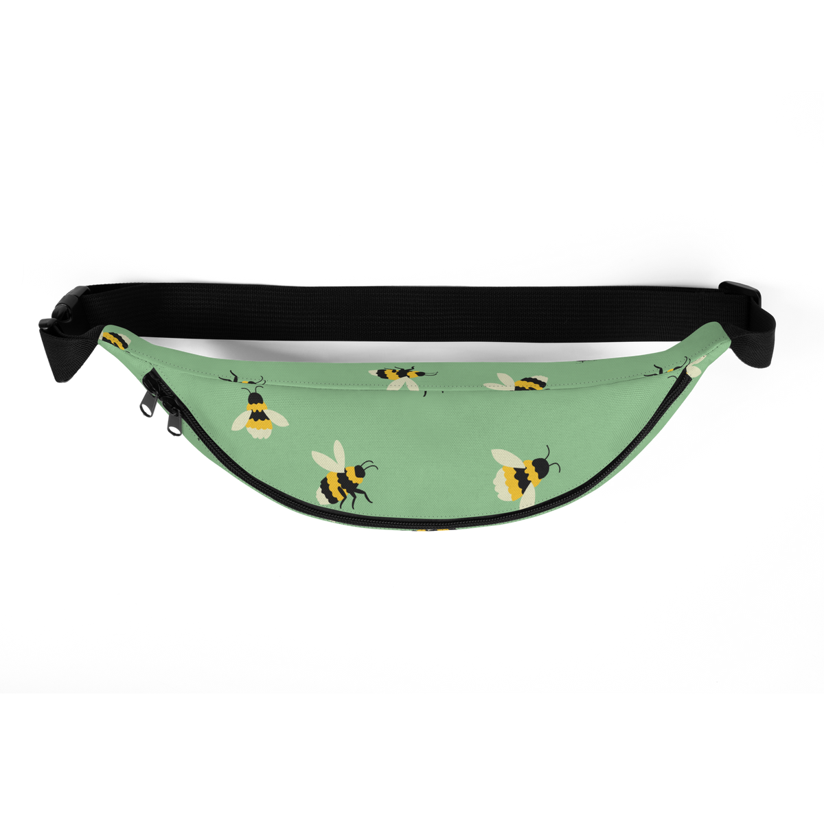 Mint green waist bag with yellow-and-black bee pattern, black zipper pulls and adjustable black strap