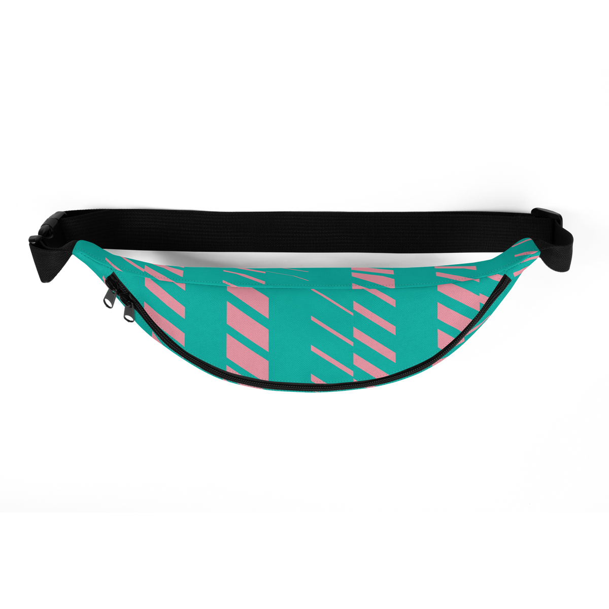 Teal waist pack front with pink diagonal geometric pattern, black zipper and adjustable black strap