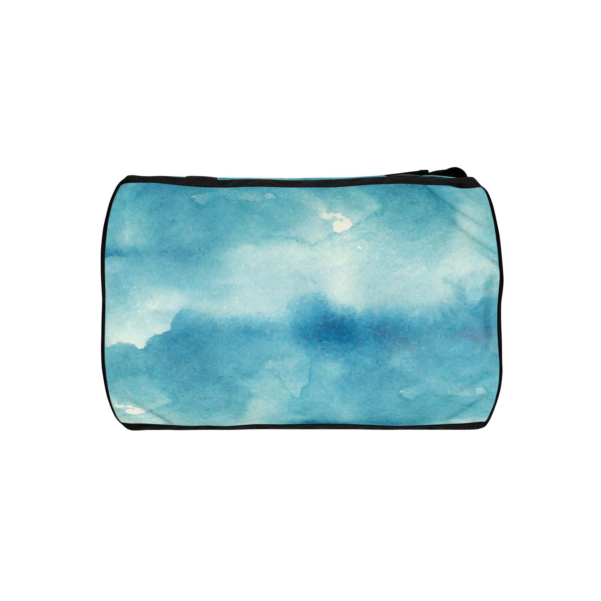 Top of gym bag with blue watercolor cloud print, black piping and black handles visible