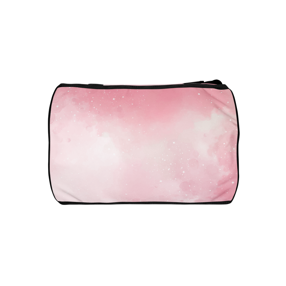 Top of a pink gradient gym bag with white speckled print, black piping and black padded handles