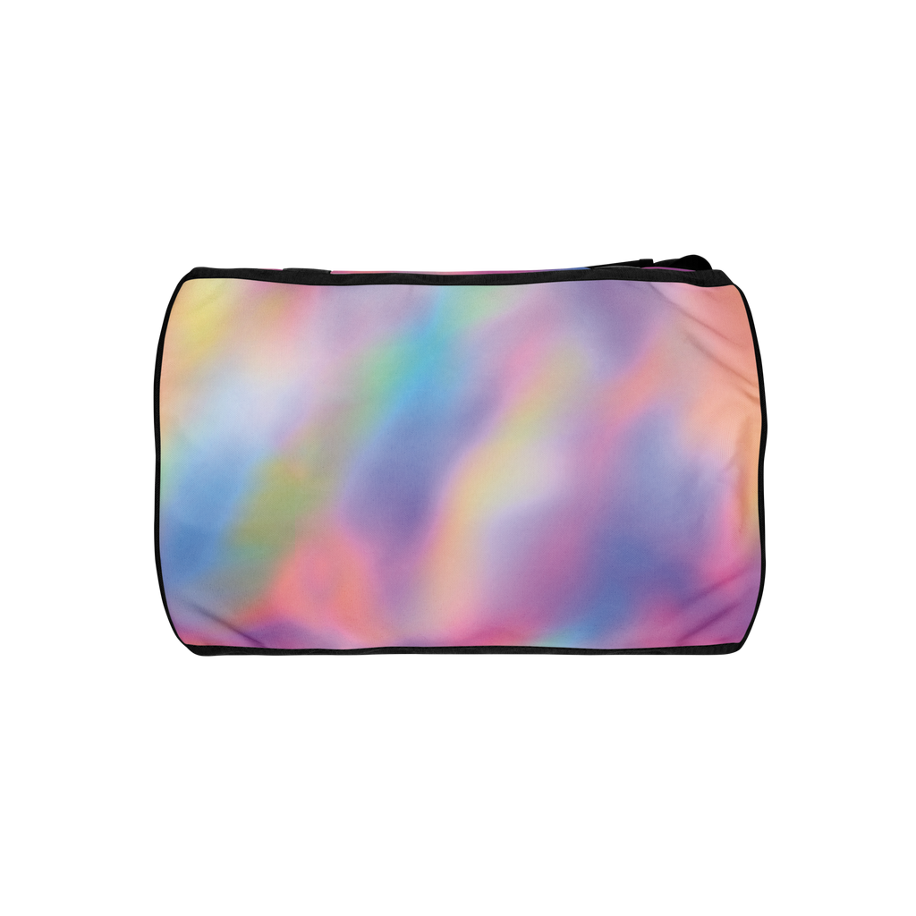 Top panel of gym bag with soft pastel rainbow gradient and black trim