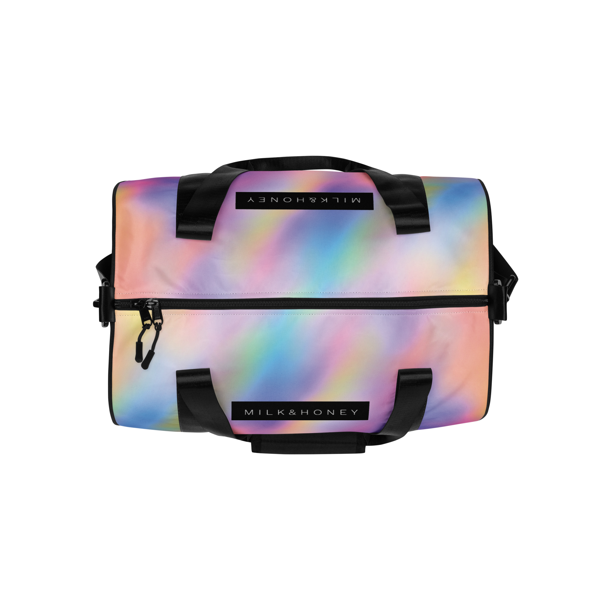 Top of duffel bag with pastel gradient print, black padded handles, MILK & HONEY label and front zipper pocket