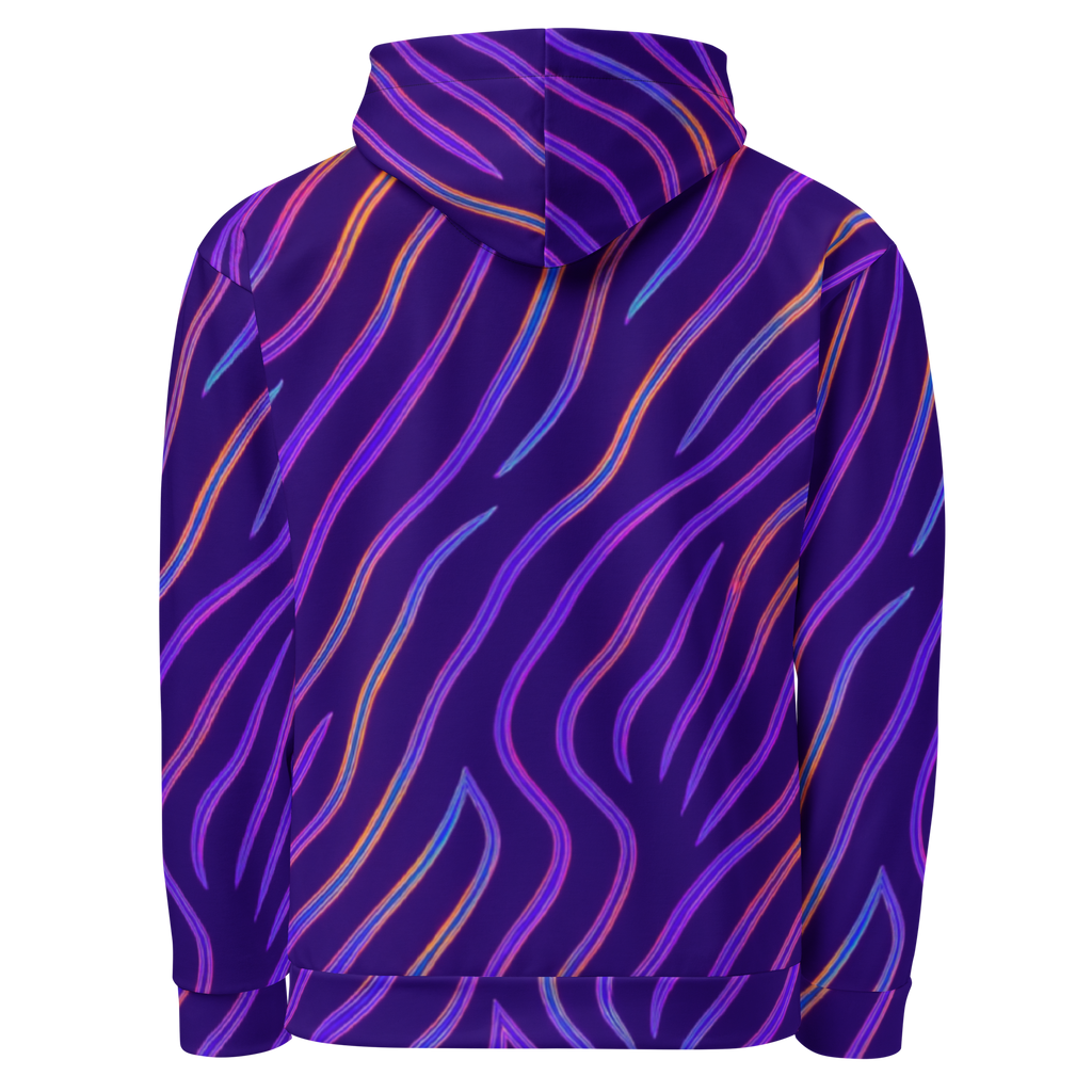 Back view of hoodie with double-lined hood and diagonal neon pink, orange and blue wavy stripes on deep purple background