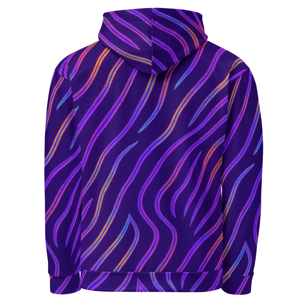 Back view of hoodie with double-lined hood and diagonal neon pink, orange and blue wavy stripes on deep purple background